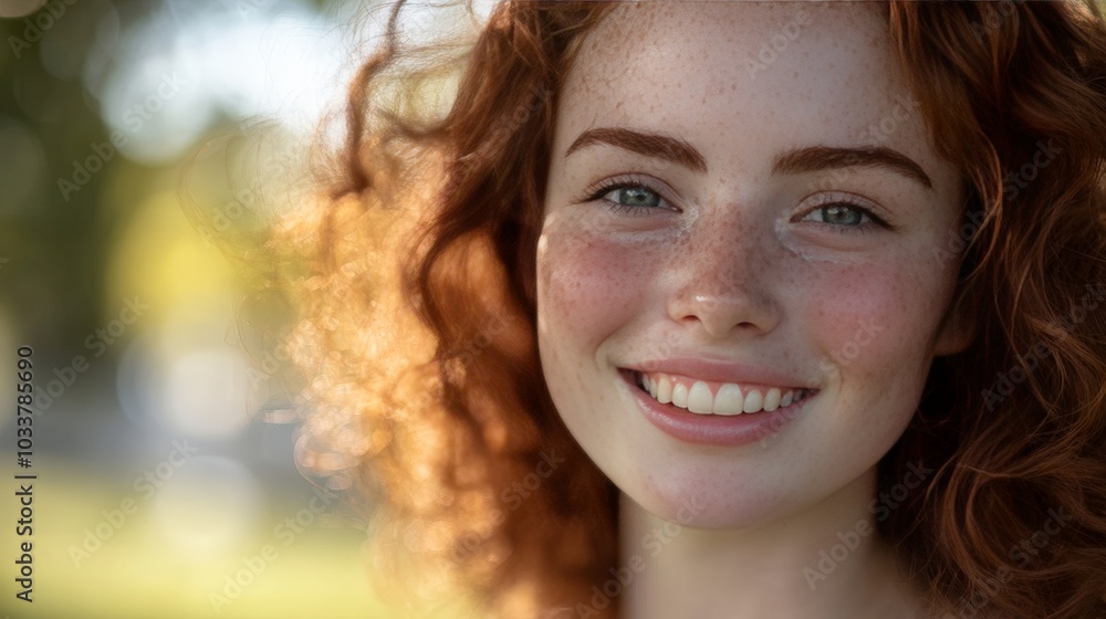 A close-up portrait of a person with freckles and curly hair, smiling into the camera, with natural sunlight creating a soft, glowing effect. A close-up portrait of a person with freckles and curly hair, smiling into the camera, with natural sunlight creating a soft, glowing effect.