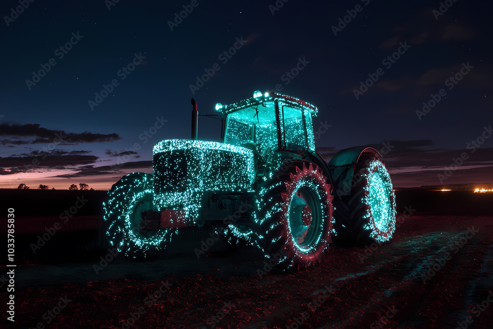 image of a tractor with bioluminescent spots glowing in the dark image of a tractor with bioluminescent spots glowing in the dark