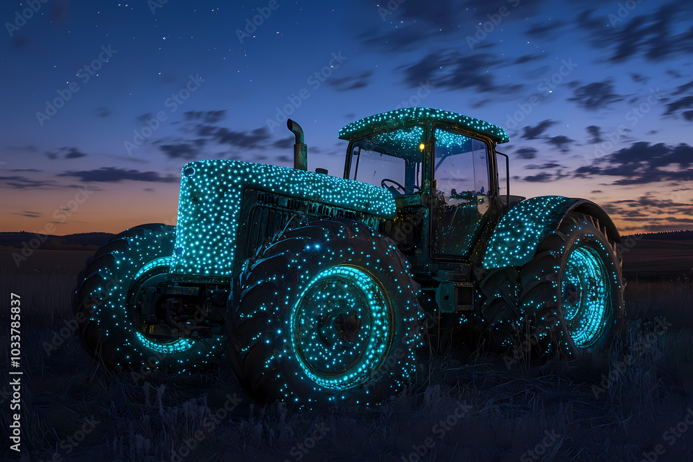 image of a tractor with bioluminescent spots glowing in the dark image of a tractor with bioluminescent spots glowing in the dark