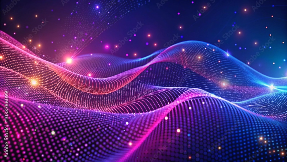 Abstract background of a blue and purple gradient with wavy dotted patterns, ideal for digital designs and wallpapers. Abstract futuristic blue and pink wave with moving dots.