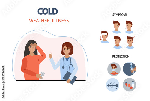 Cold weather illness symptoms infographic. Sick female character with pills in hands consult with doctor. Fall and winter season diseases infographic. Vector hand drawn flat cartoon illustration.