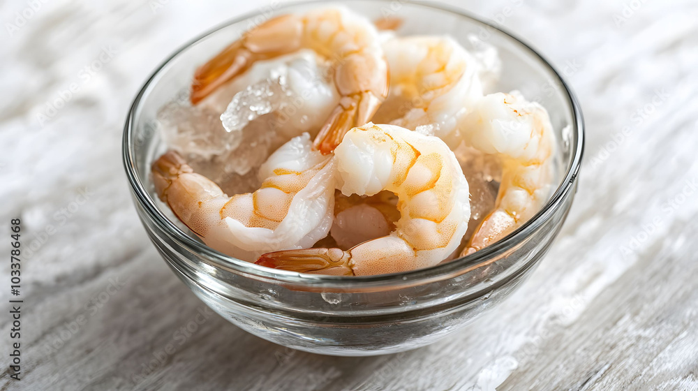 Peeled and deveined shrimp on ice in a bowl, fresh seafood preparation, culinary ingredient display, ready for cooking Peeled and deveined shrimp on ice in a bowl, fresh seafood preparation, culinary ingredient display, ready for cooking