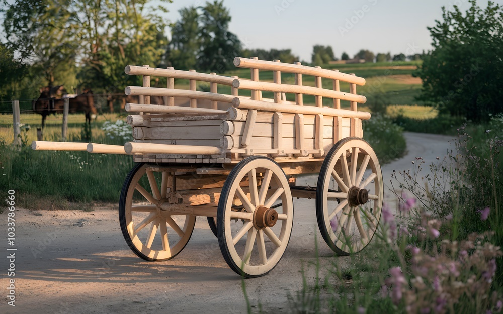 A traditional Romanian horse cart made of light-colored wood is parked on a dusty path surrounded by wildflowers A traditional Romanian horse cart made of light-colored wood is parked on a dusty path surrounded by wildflowers
