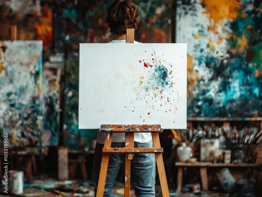 Colorful messy art studio with wooden easel and blank canvas, splattered with various paint. Chaos in a vintage setting. Colorful messy art studio with wooden easel and blank canvas, splattered with various paint. Chaos in a vintage setting.
