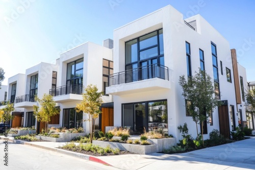 Modern Two-Story White Houses with Large Windows and Balconies Lined with Trees and Shrubs on Sunny Day