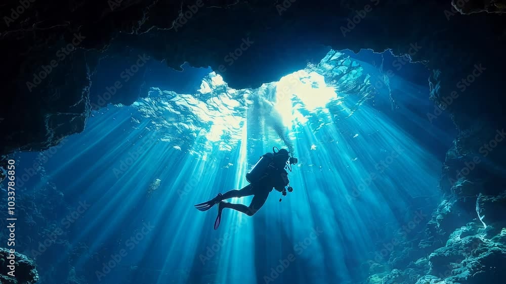 A man in a wetsuit breaks the surface, illuminated by radiant beams of sunlight. The tranquil underwater world surrounds him, creating a breathtaking moment of exploration and discovery. A man in a wetsuit breaks the surface, illuminated by radiant beams of sunlight. The tranquil underwater world surrounds him, creating a breathtaking moment of exploration and discovery.