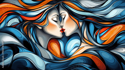 Abstract Artwork of Two Women Kissing with Flowing Hair
