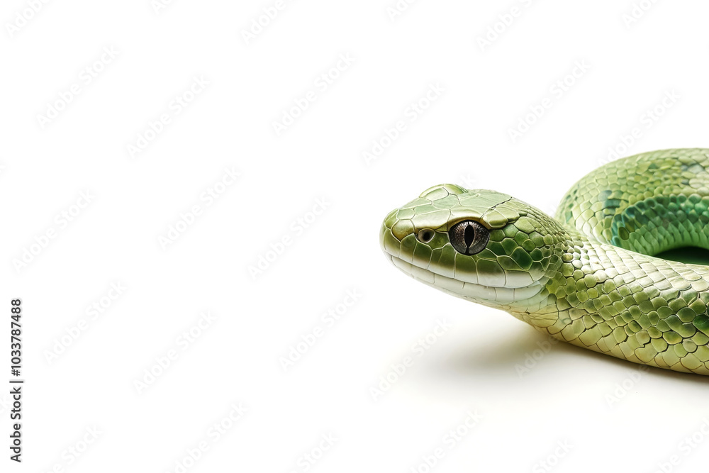 Fototapeta premium Green snake on white background. Symbol 2025
