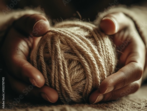 Closeup of hands holding a ball of yarn.