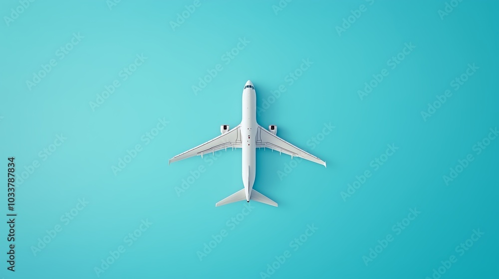 Aerial view of a white airplane flying over a bright blue background during a clear day Aerial view of a white airplane flying over a bright blue background during a clear day