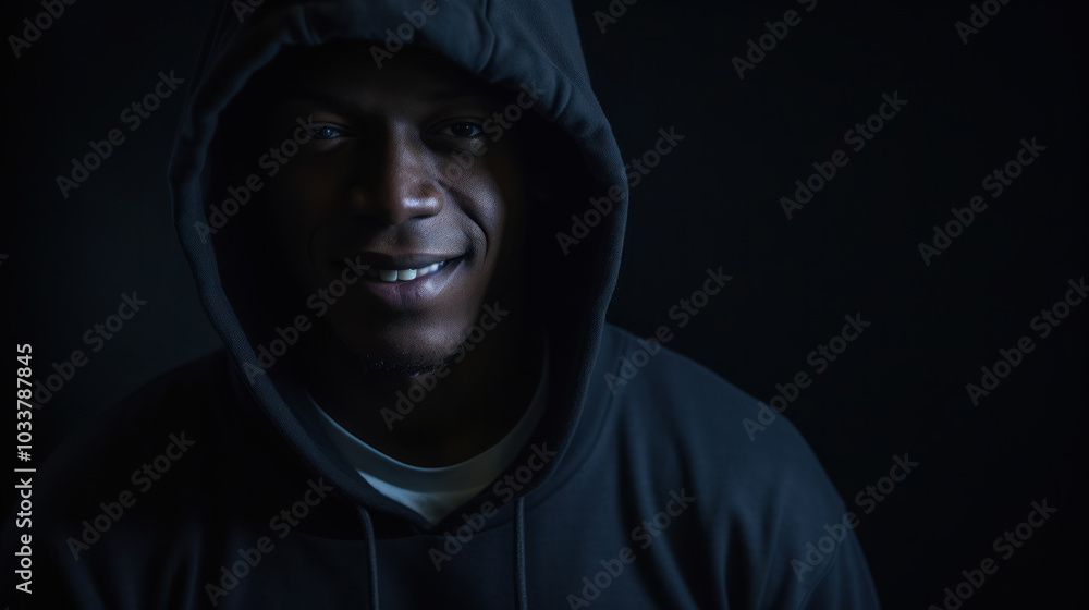 A man in a black hoodie against a dark background, creating a mysterious image that emphasizes style and individuality A man in a black hoodie against a dark background, creating a mysterious image that emphasizes style and individuality