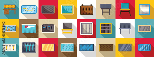 Garage tools board icons set. Different types and sizes of pegboards for organizing tools are featured in this vector icons set