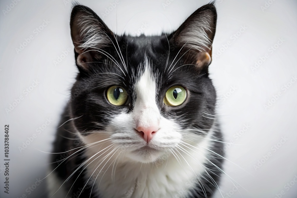 Stunning Macro Photography of a Black and White Cat on a White Background – Captivating Close-Up of Feline Features, Whiskers, and Texture for Pet Lovers and Cat Enthusiasts Stunning Macro Photography of a Black and White Cat on a White Background – Captivating Close-Up of Feline Features, Whiskers, and Texture for Pet Lovers and Cat Enthusiasts