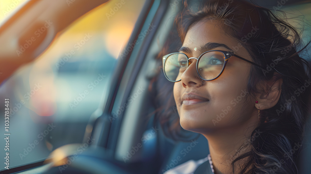 Indian woman travelling in a car. Indian woman travelling in a car.