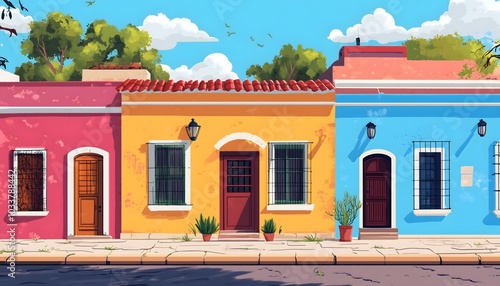 Facades of vibrant and colorful hacienda houses
