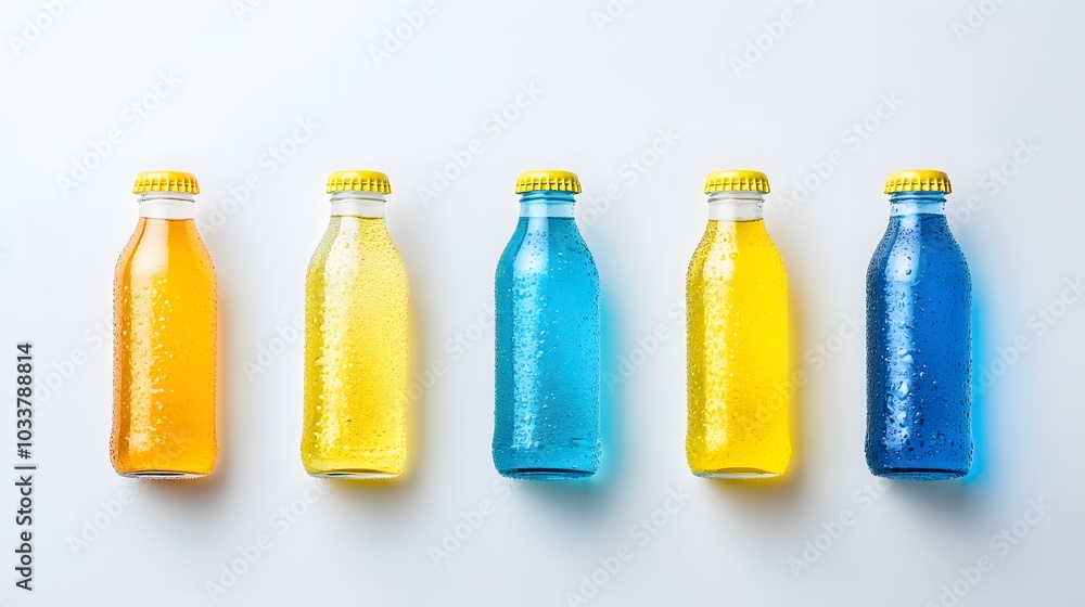 Isotonic energy drink. Bottles with blue and yellow transparent liquid, sport beverage on a white background. Isotonic energy drink. Bottles with blue and yellow transparent liquid, sport beverage on a white background.