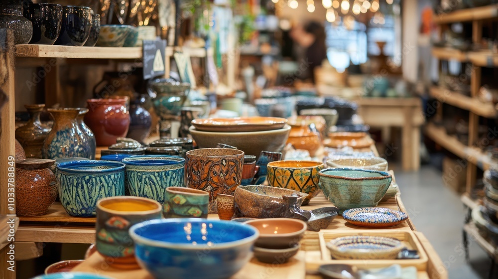 Fototapeta premium Handmade market goods, with artisans selling beautifully crafted items, from pottery to jewelry, in a vibrant space