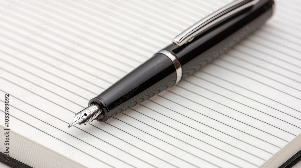 Black fountain pen on a lined notebook page, elegant writing tools concept. Black fountain pen on a lined notebook page, elegant writing tools concept.