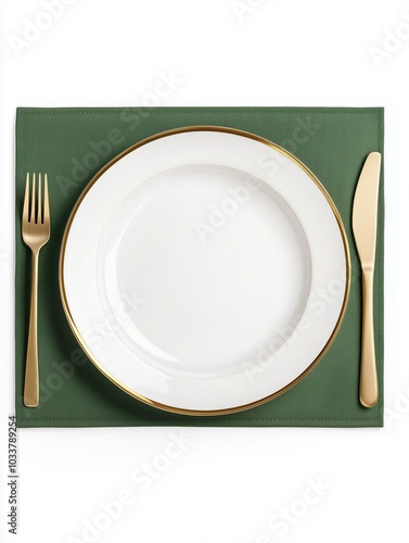 Elegant dining setup with a white plate, gold cutlery, and a green placemat on a white background. photo