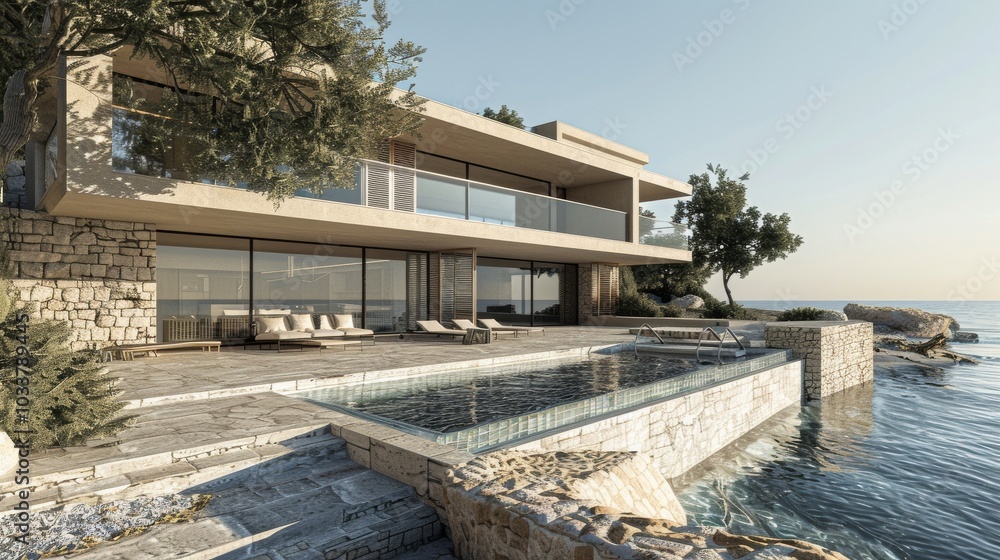 A contemporary villa with two stories, located by the sea A contemporary villa with two stories, located by the sea