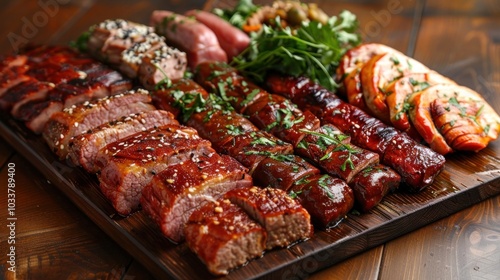 A mouthwatering display of a barbecue feast featuring an array of grilled meats such as succulent steaks tender ribs and juicy sausages artfully arranged on a wooden platter photo