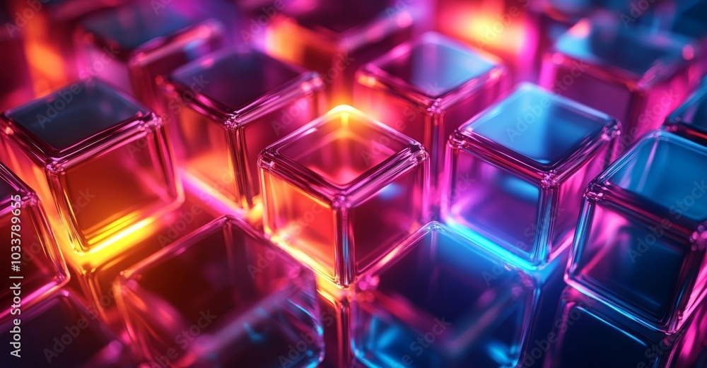 multicolored neon glass transparent cubes on a dark background multicolored neon glass transparent cubes on a dark background