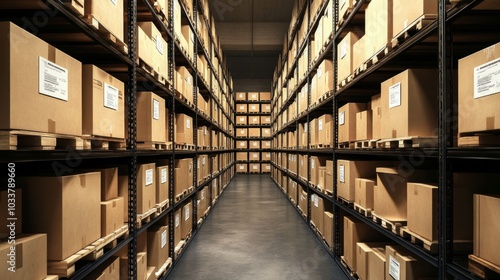 Neatly organized warehouse corridor with shelves filled with colorful cardboard boxes and labeled columns, set in a tidy atmosphere.