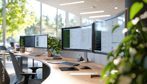 Hightech office environment with curved monitors, ergonomic smart desks, and voiceactivated systems, creating a cuttingedge workspace photo