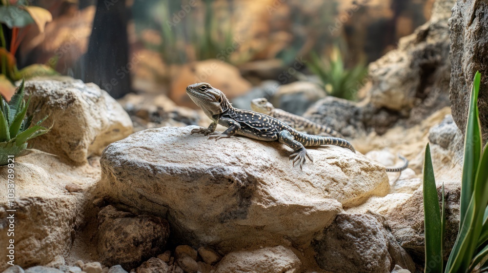 Pet lizards sunbathing on rocks inside a terrarium designed to mimic their natural habitat Pet lizards sunbathing on rocks inside a terrarium designed to mimic their natural habitat
