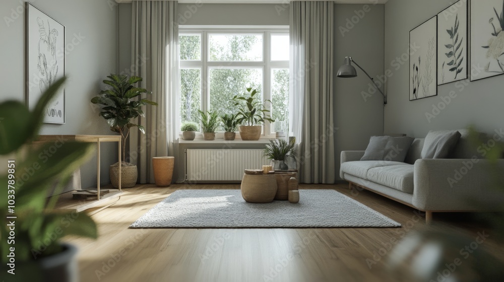 Fototapeta premium A cozy Scandinavian living room with light grey walls, a wooden floor, a soft rug, and simple yet stylish furniture, decorated with potted plants and minimalist artwork.