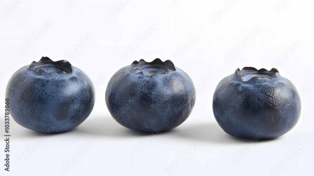 Blueberries on White, four plump blueberries arranged on a clean white surface, emphasizing their vibrant color and fresh appeal. Blueberries on White, four plump blueberries arranged on a clean white surface, emphasizing their vibrant color and fresh appeal.