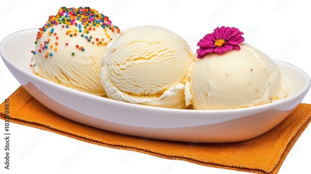 Vibrant Assortment of Artisanal Ice Cream Scoops Served on a Plate with Colorful Toppings Vibrant Assortment of Artisanal Ice Cream Scoops Served on a Plate with Colorful Toppings