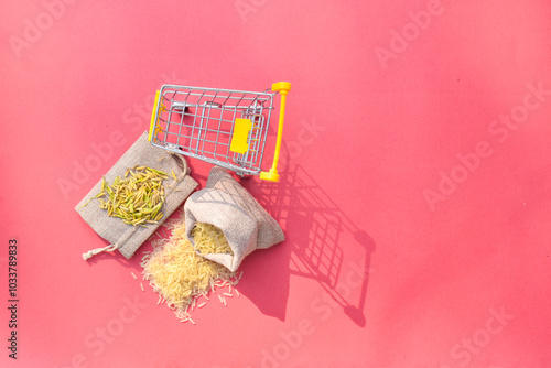 a close up of a green field of rice, a close up of a rice field, a field of green with tall grass, rice field in Pakistan with pink Dp wiith rice in bag photo