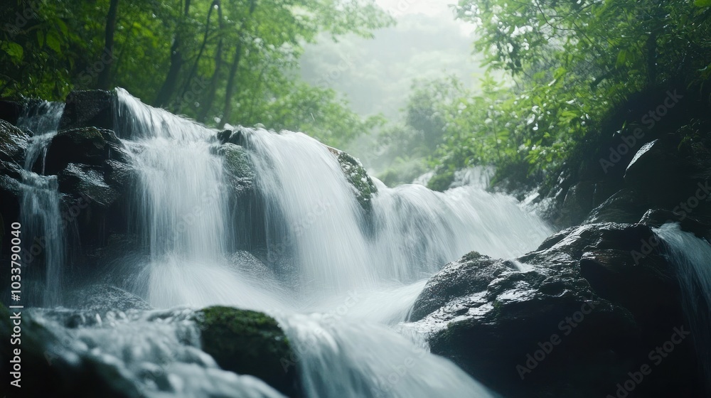 Serene Waterfall in a Lush Forest Serene Waterfall in a Lush Forest