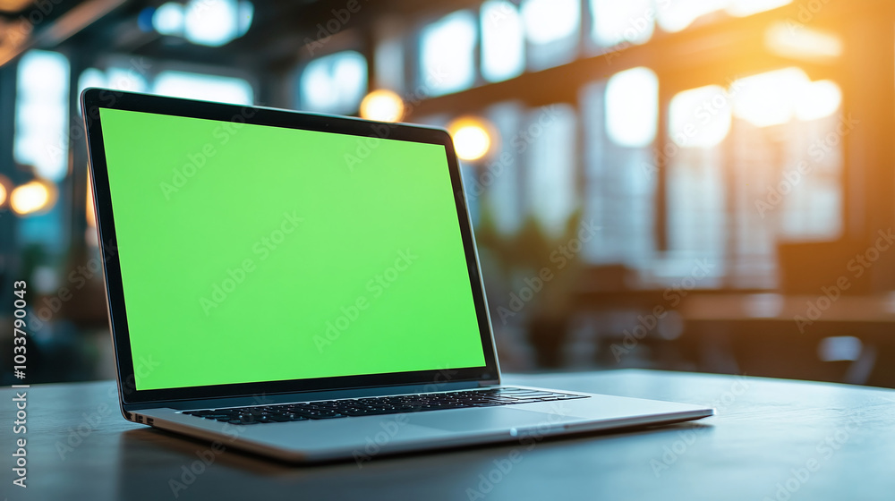3d realistic render of laptop with green screen chroma key monitor in modern office cafe with warm lighting sunlight windows real atmosphere 3d realistic render of laptop with green screen chroma key monitor in modern office cafe with warm lighting sunlight windows real atmosphere