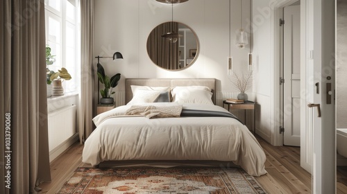 A cozy and bright Scandinavian bedroom with a double bed, headboard