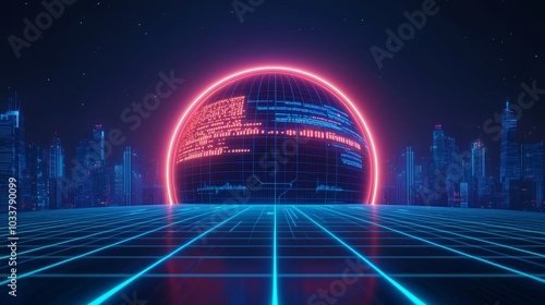 Futuristic neon landscape with glowing grid and digital sphere against a city backdrop.