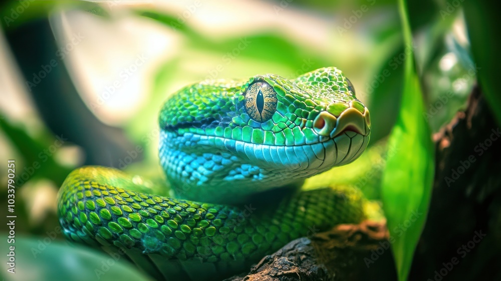 Fototapeta premium Reptile pets like snakes and lizards resting in terrariums with carefully crafted, naturalistic setups