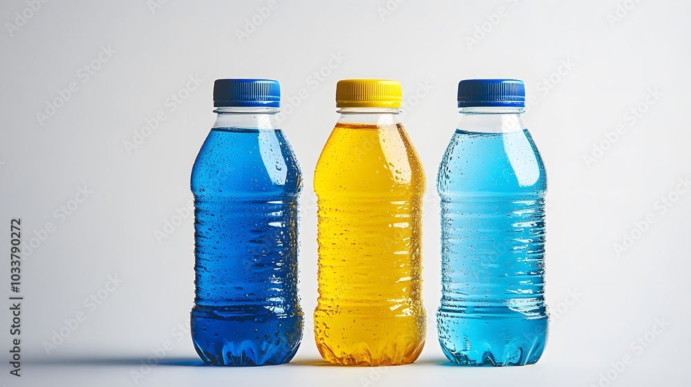 Isotonic energy drink. Bottles with blue and yellow transparent liquid, sport beverage on a white background. Isotonic energy drink. Bottles with blue and yellow transparent liquid, sport beverage on a white background.