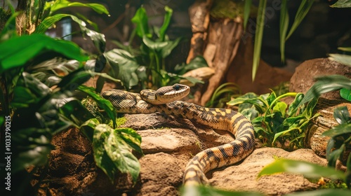 Reptile pets like snakes and lizards resting in terrariums with carefully crafted, naturalistic setups photo