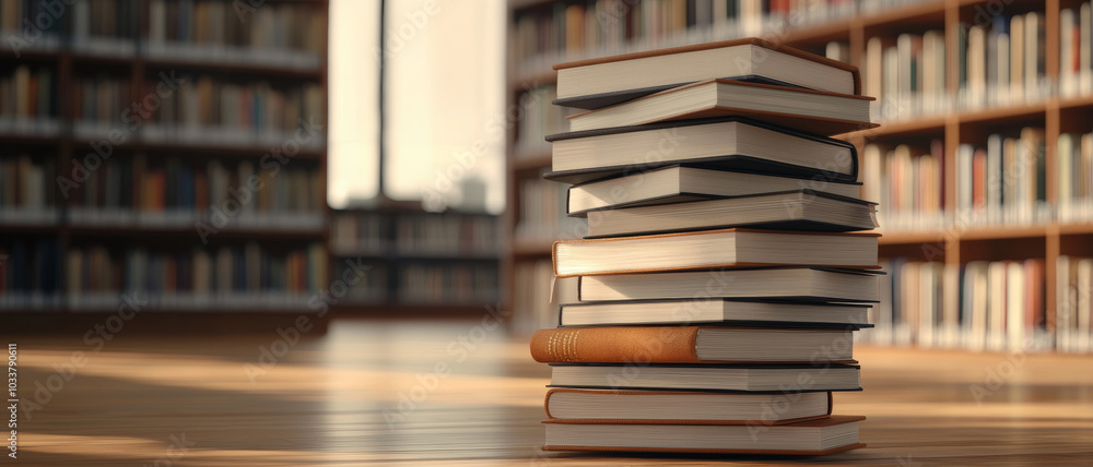Stack of books in a quiet library, warm light illuminating the wooden floor. Stack of books in a quiet library, warm light illuminating the wooden floor.