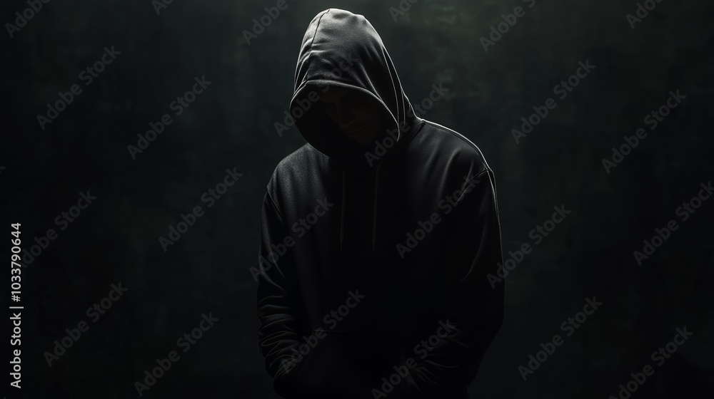 A solitary figure in a dark hoodie stands quietly against a shadowy backdrop, evoking a sense of mystery and introspection in a low-lit environment A solitary figure in a dark hoodie stands quietly against a shadowy backdrop, evoking a sense of mystery and introspection in a low-lit environment