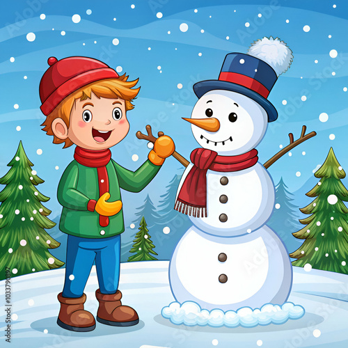 A cartoon illustration of children playing with a snowman photo