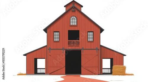 A red barn with a hay bale in front of it.