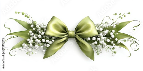 Elegant Green Satin Bow with Delicate Lily of the Valley Flowers photo