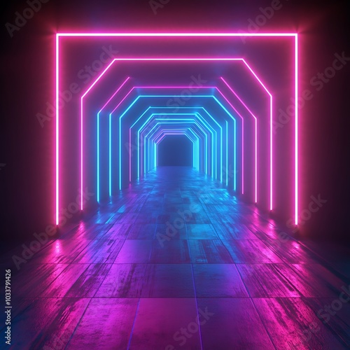 A vibrant neon-lit corridor with a reflective floor creating a futuristic ambiance.