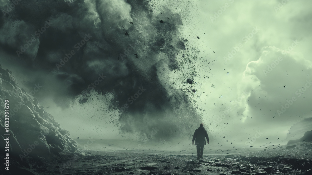 Lone figure walking in a stormy, desolate, monochrome landscape. Lone figure walking in a stormy, desolate, monochrome landscape.