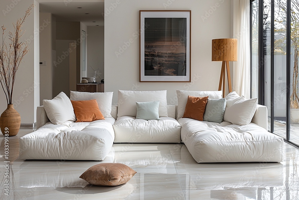 Minimalist, contemporary Scandinavian interiors in the living room with art frames hanging on the wall and sofas. Generative AI
Minimalist, contemporary Scandinavian interiors in the living room with art frames hanging on the wall and sofas. Generative AI