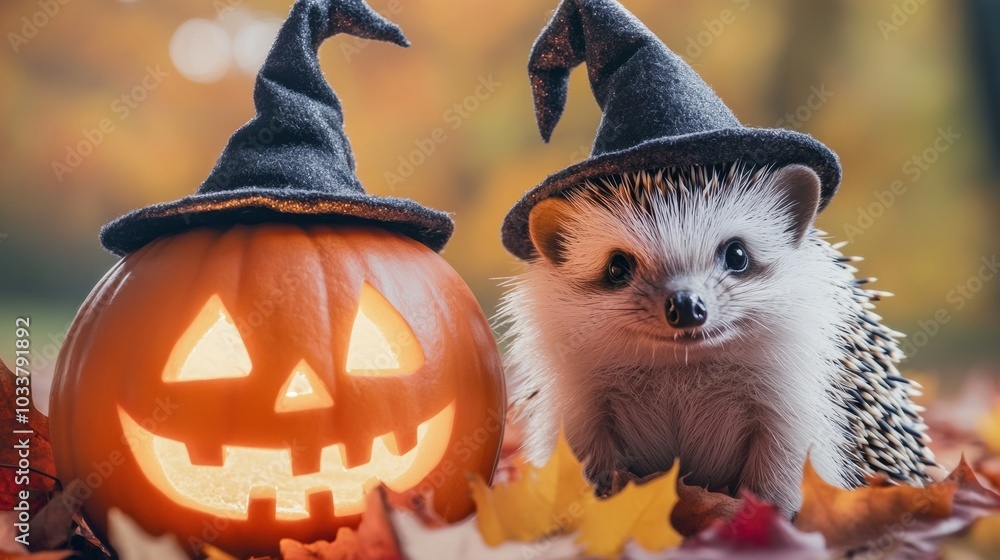 Naklejka premium Hedgehog in a witch hat poses with a carved pumpkin amidst autumn leaves, AI