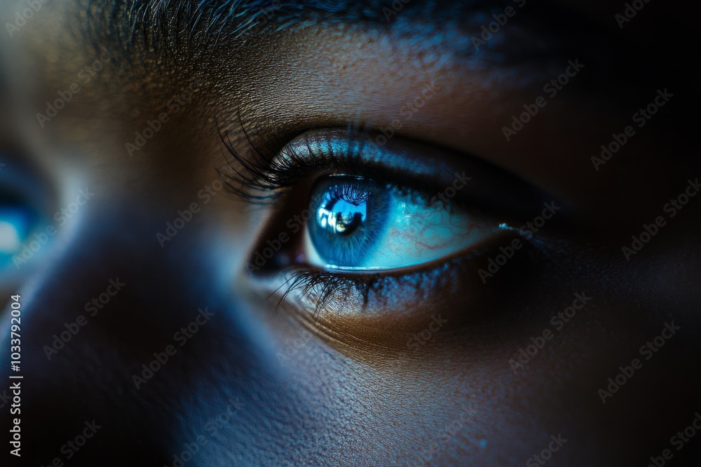 Close-up of a blue eye reflecting light, revealing intricate details. Close-up of a blue eye reflecting light, revealing intricate details.